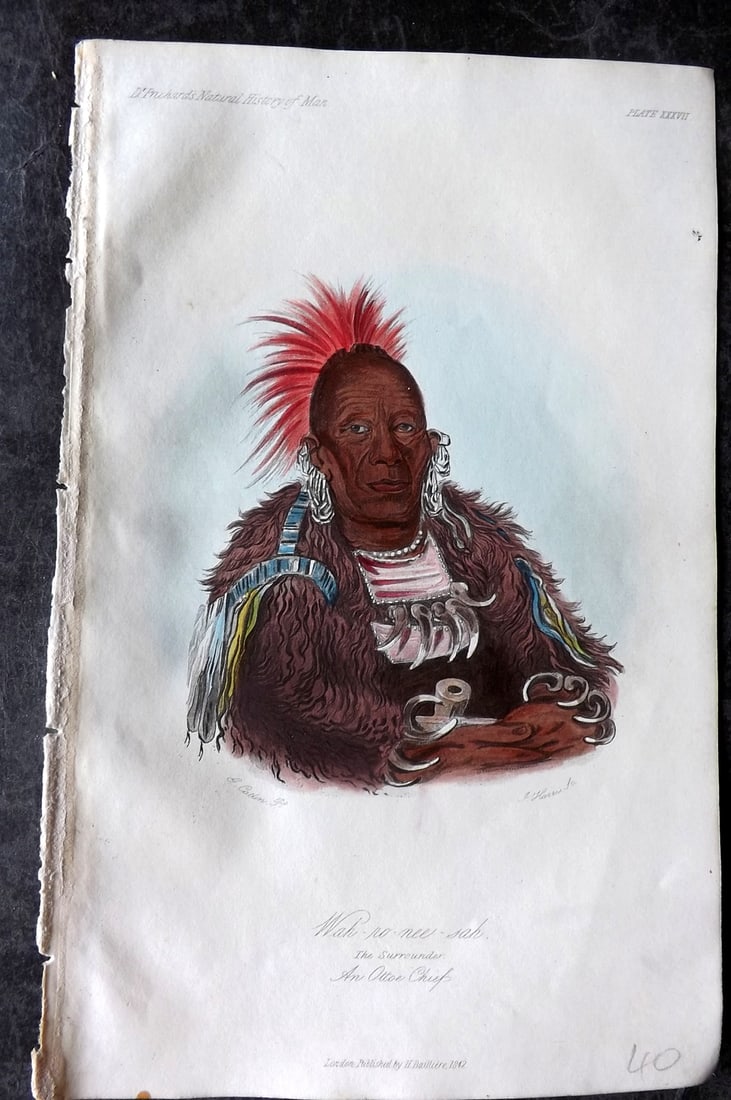 Prichard, James 1845 HCol Print. USA - Wah-ro-nee-sah, The Surrounder Otoe Chief. Native American 37: Hand Colored Aquatint Published 1845 London for "The Natural History of Man" by James Cowles Prichard. Paper Size: 9 x 5.5 inch (23.5 x 14cm) Good Condition