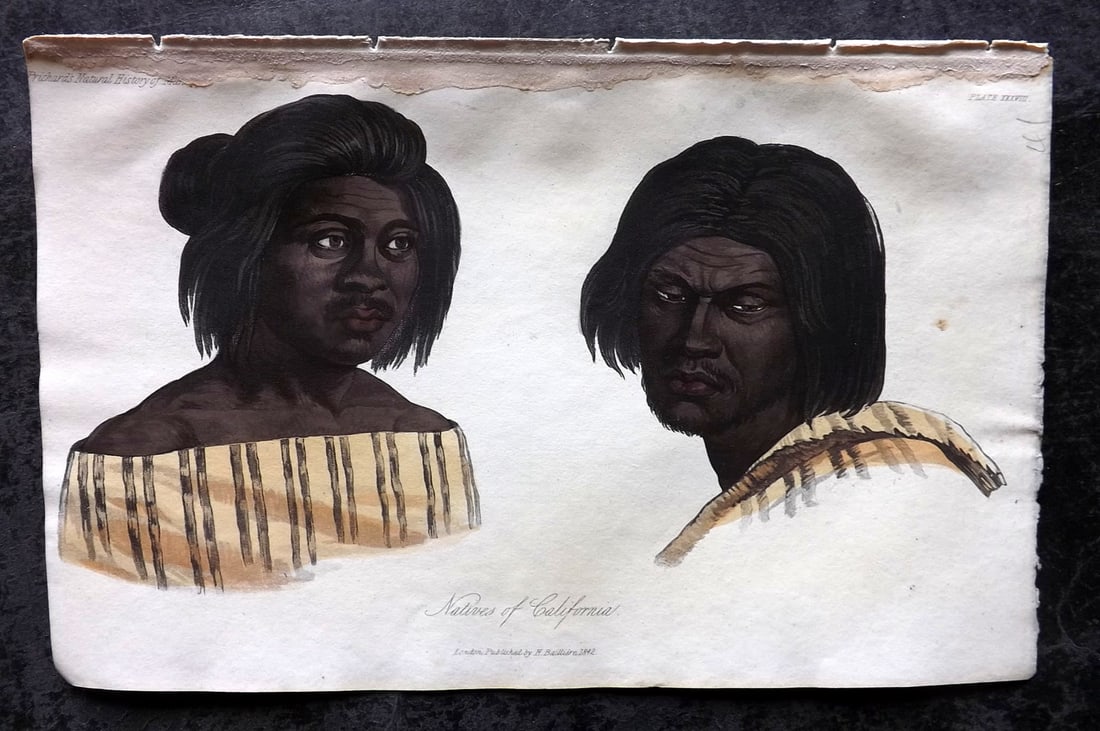 Prichard, James 1845 HCol Print. USA - Natives of California. Native Americans 38: Hand Colored Aquatint Published 1845 London for "The Natural History of Man" by James Cowles Prichard. Paper Size: 9 x 5.5 inch (23.5 x 14cm) Slight adhesion in top margin. Good Condition