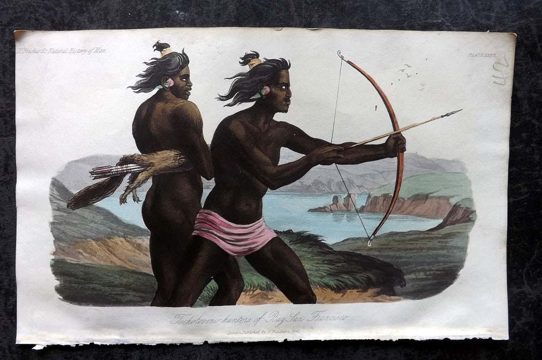 Prichard, James 1845 HCol Print. USA - Hunters of Bay San Francisco. California 39: Hand Colored Aquatint Published 1845 London for "The Natural History of Man" by James Cowles Prichard. Paper Size: 9 x 5.5 inch (23.5 x 14cm) Good Condition