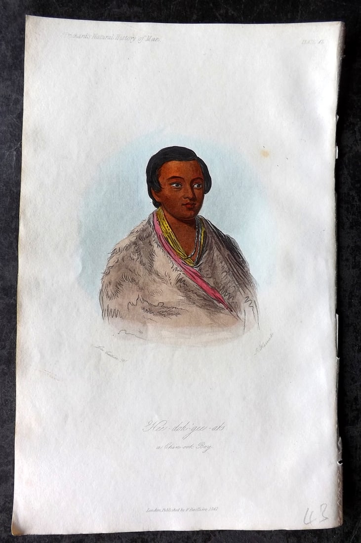 Prichard, James 1845 HCol Print. USA - Hee-doh-geh-oats, a Chinook Boy. Native American 40: Hand Colored Aquatint Published 1845 London for "The Natural History of Man" by James Cowles Prichard. Paper Size: 9 x 5.5 inch (23.5 x 14cm) Good Condition