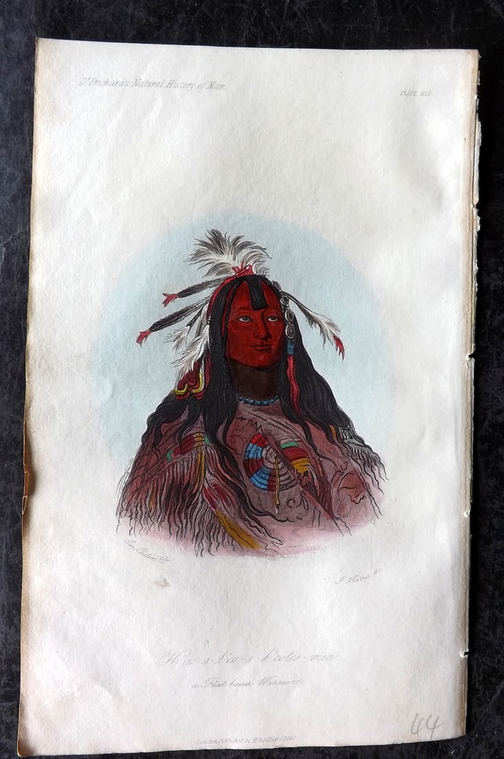 Prichard, James 1845 HCol Print. USA - Hee-a-ho'co-a-h-eotes-min, a Flat-Headed Warrior 41: Hand Colored Aquatint Published 1845 London for "The Natural History of Man" by James Cowles Prichard. Paper Size: 9 x 5.5 inch (23.5 x 14cm) Good Condition