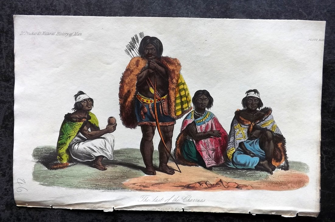 Prichard, James 1845 HCol Print. Uruguay - The Last of the Charrua 43: Hand Colored Aquatint Published 1845 London for "The Natural History of Man" by James Cowles Prichard. Paper Size: 9 x 5.5 inch (23.5 x 14cm) Good Condition