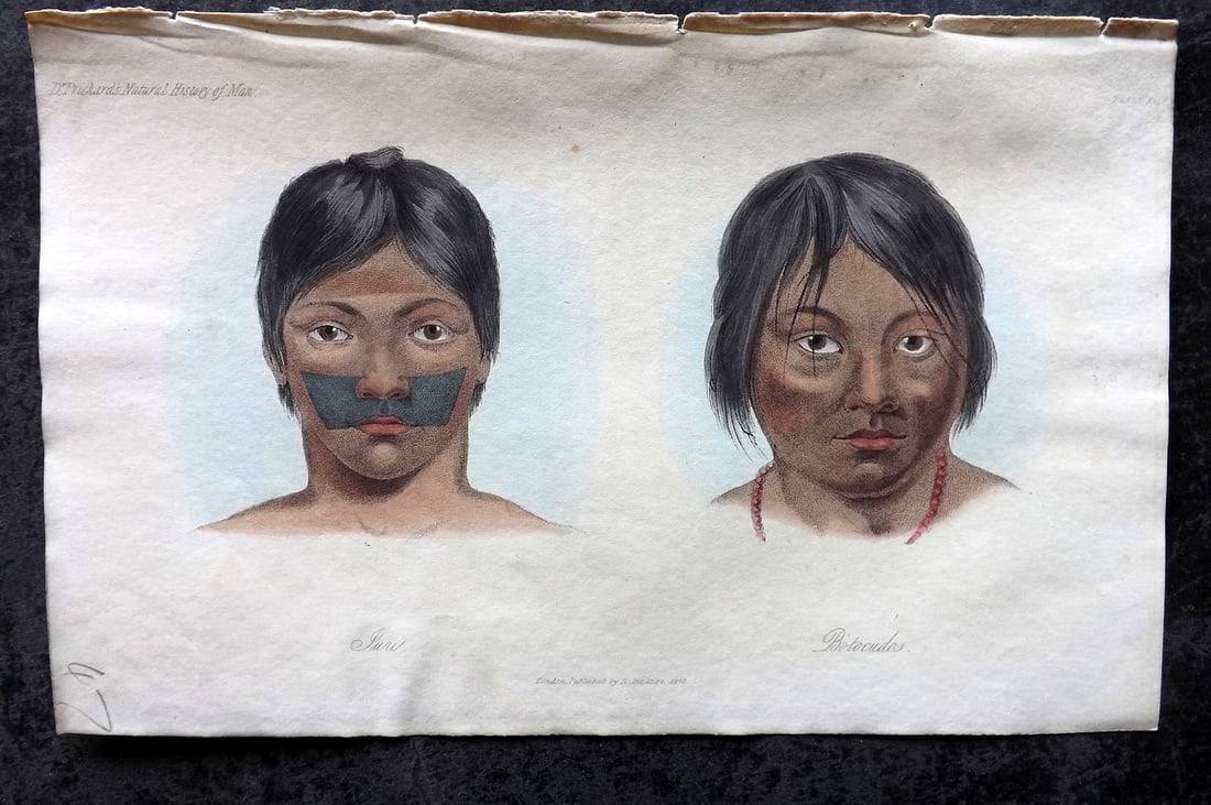 Prichard, James 1845 HCol Print. Brazil - Botocoudos; Juri. Brasilio-Guarani 44: Hand Colored Aquatint Published 1845 London for "The Natural History of Man" by James Cowles Prichard. Paper Size: 9 x 5.5 inch (23.5 x 14cm) Good Condition