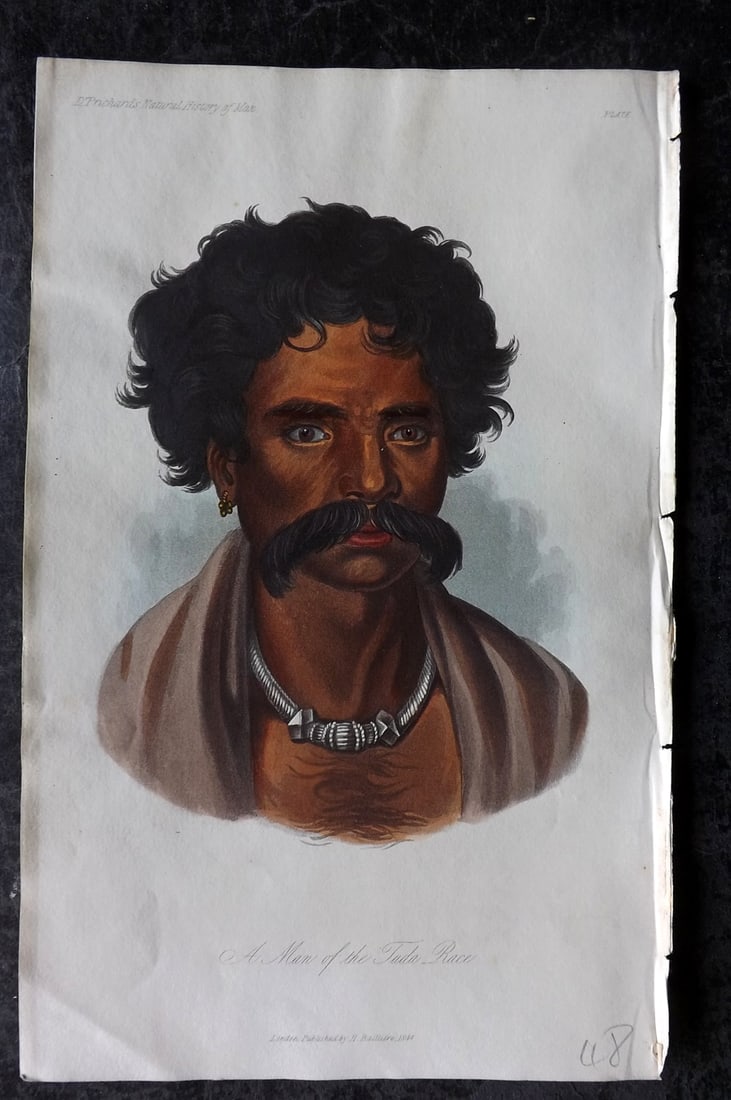 Prichard, James 1845 HCol Print. India - A Man of the Tudor Race: Hand Colored Aquatint Published 1845 London for "The Natural History of Man" by James Cowles Prichard. Paper Size: 9 x 5.5 inch (23.5 x 14cm) Good Condition