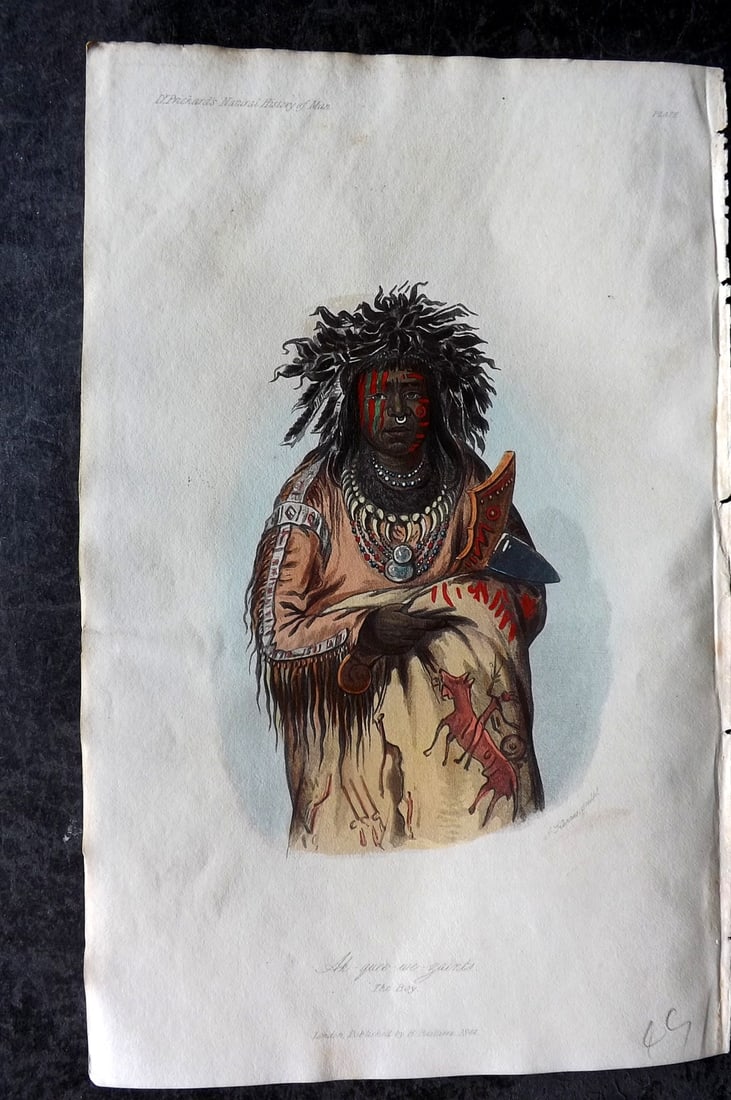 Prichard, James 1845 HCol Print. USA - Ak-kee-we-Zants. The Boy. Native American: Hand Colored Aquatint Published 1845 London for "The Natural History of Man" by James Cowles Prichard. Paper Size: 9 x 5.5 inch (23.5 x 14cm) Good Condition