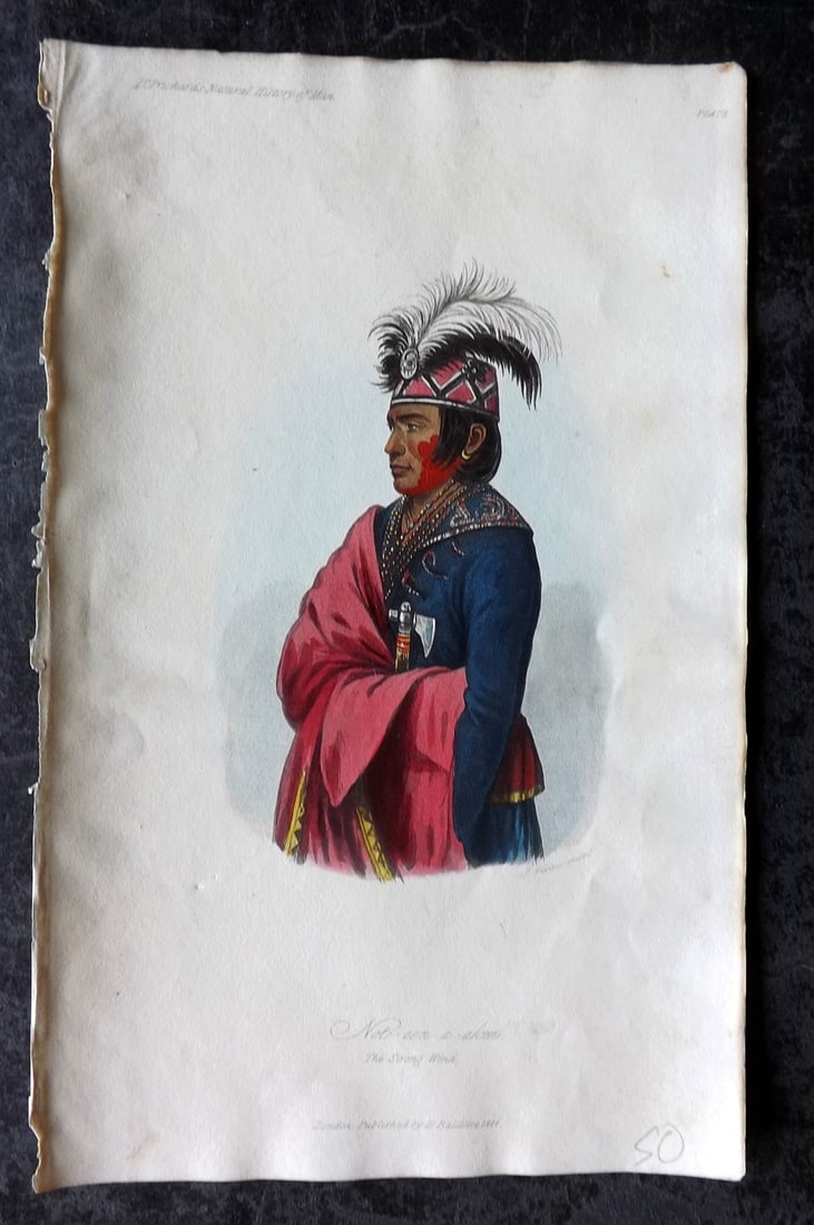 Prichard, James 1845 HCol Print. USA - Not-een-a-akm, The Strong Wind. American Indian: Hand Colored Aquatint Published 1845 London for "The Natural History of Man" by James Cowles Prichard. Paper Size: 9 x 5.5 inch (23.5 x 14cm) Good Condition