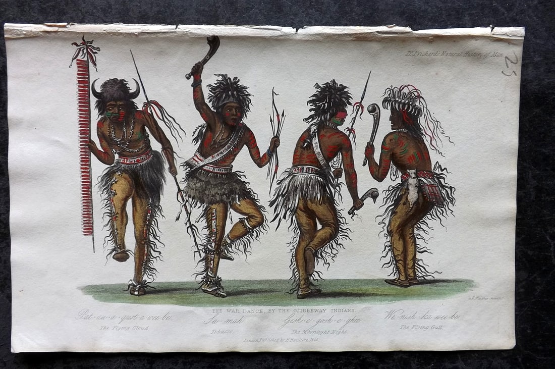 Prichard, James 1845 HCol Print. USA - The War-Dance, by the Ojibway Indians Americans: Hand Colored Aquatint Published 1845 London for "The Natural History of Man" by James Cowles Prichard. Paper Size: 9 x 5.5 inch (23.5 x 14cm) Good Condition