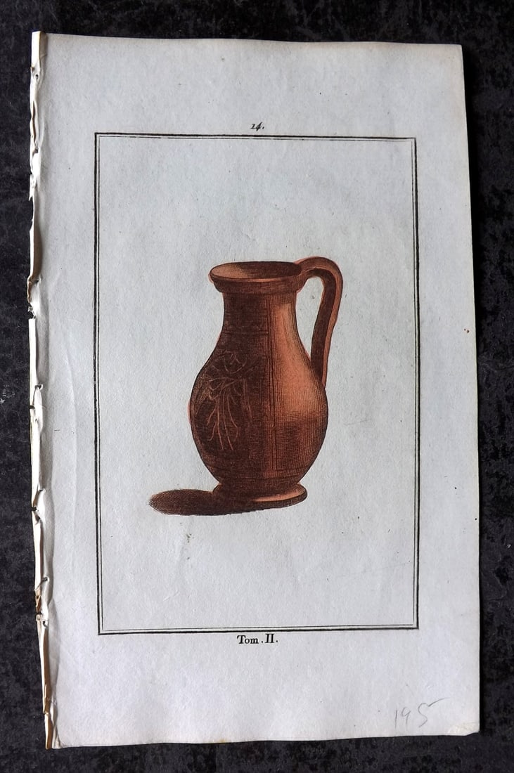 d'Hancarville & David 1785 Hand Col Print. Vase 14: Hand Colored Copper Plate Published 1785-88, Paris for "Antiquites Etrusques, Grecques et Romaine" by Pierre Francois Hugues d'Hancarville. Illustrated by F. A. David. Paper Size: 8 x 5 inch (20 x 13c