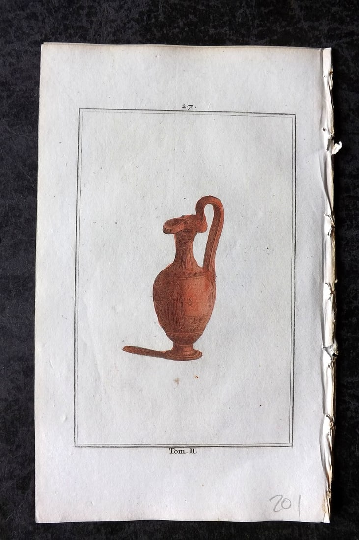 d'Hancarville & David 1785 Hand Col Print. Vase 27: Hand Colored Copper Plate Published 1785-88, Paris for "Antiquites Etrusques, Grecques et Romaine" by Pierre Francois Hugues d'Hancarville. Illustrated by F. A. David. Paper Size: 8 x 5 inch (20 x 13c