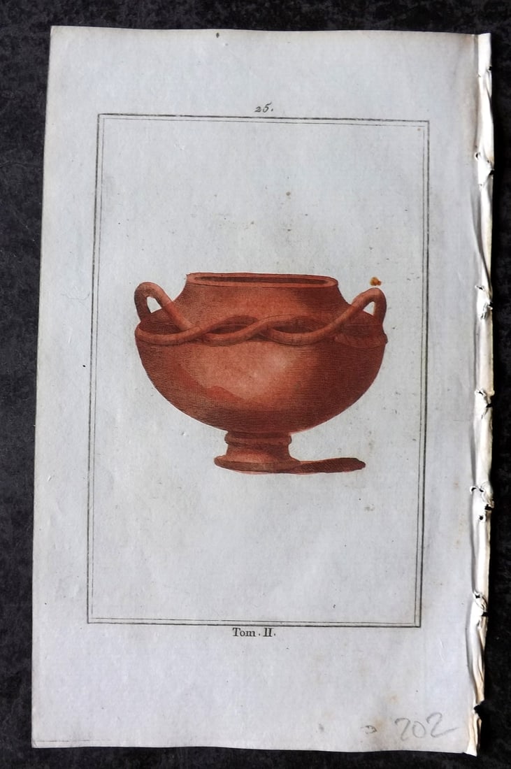 d'Hancarville & David 1785 Hand Col Print. Vase 25: Hand Colored Copper Plate Published 1785-88, Paris for "Antiquites Etrusques, Grecques et Romaine" by Pierre Francois Hugues d'Hancarville. Illustrated by F. A. David. Paper Size: 8 x 5 inch (20 x 13c