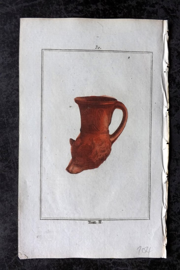 d'Hancarville & David 1785 Hand Col Print. Drinking Vessel 30: Hand Colored Copper Plate Published 1785-88, Paris for "Antiquites Etrusques, Grecques et Romaine" by Pierre Francois Hugues d'Hancarville. Illustrated by F. A. David. Paper Size: 8 x 5 inch (20 x 13c