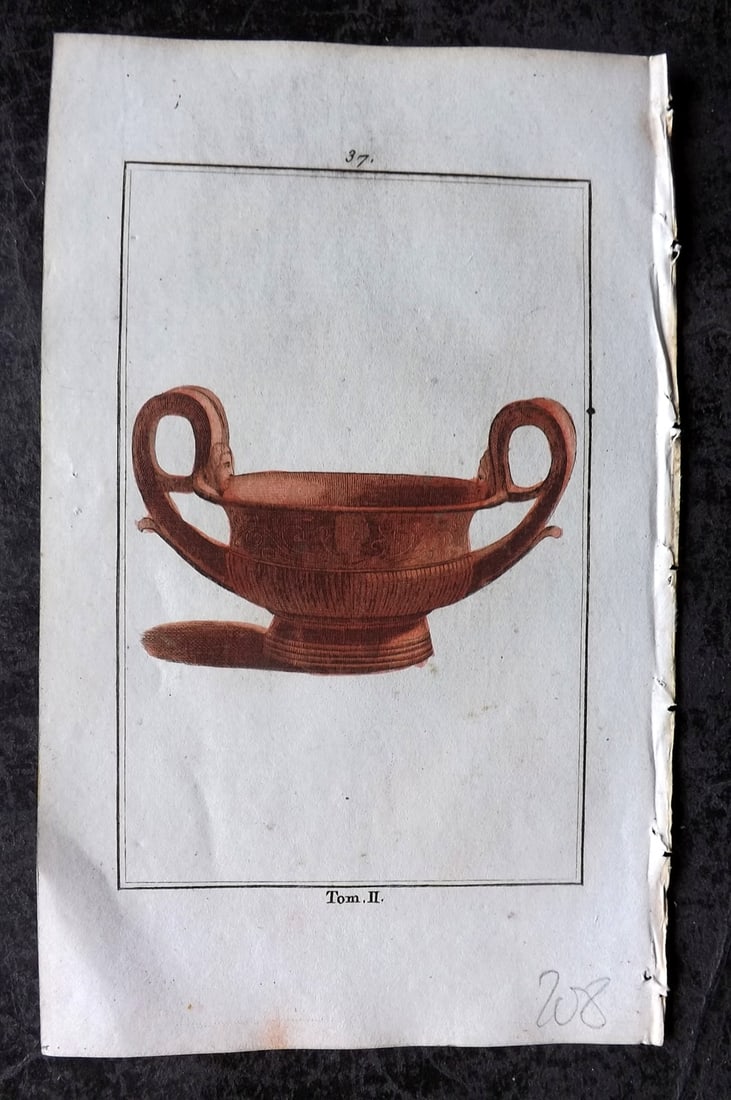 d'Hancarville & David 1785 Hand Col Print. Vase 37: Hand Colored Copper Plate Published 1785-88, Paris for "Antiquites Etrusques, Grecques et Romaine" by Pierre Francois Hugues d'Hancarville. Illustrated by F. A. David. Paper Size: 8 x 5 inch (20 x 13c