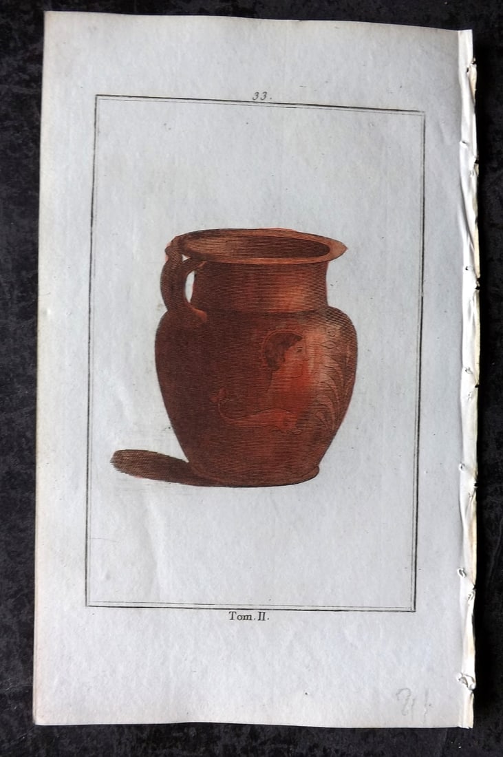 d'Hancarville & David 1785 Hand Col Print. Vase 33: Hand Colored Copper Plate Published 1785-88, Paris for "Antiquites Etrusques, Grecques et Romaine" by Pierre Francois Hugues d'Hancarville. Illustrated by F. A. David. Paper Size: 8 x 5 inch (20 x 13c