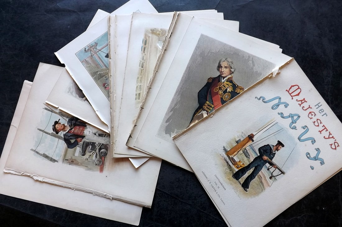 H. M. Navy 1893 Lot of 17 Antique Sailor & Maritime Prints: Chromolithograph Published 1889-1893 by J.S.Virtue & Co., London for "Her Majesty's Navy" By Lt. Charles Rathbone Low. Illustrated by W. Christian Symons and W. Fred Mitchell. Paper Size: 10.5 x 8 inc