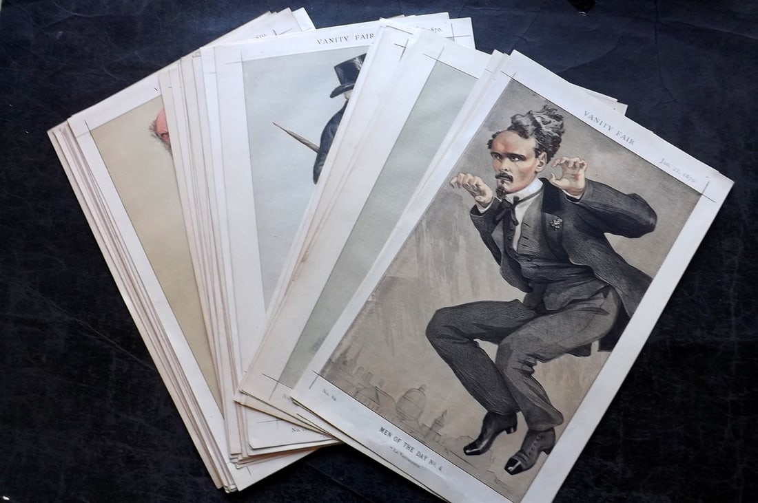 Vanity Fair Prints 1870 Lot of 34 Spy Cartoons Caricatures: Lithographs Published 1869-1914, London for "Vanity Fair" Paper Size:14 x 9 inch (36 x 23cm) Approx. Good Condition