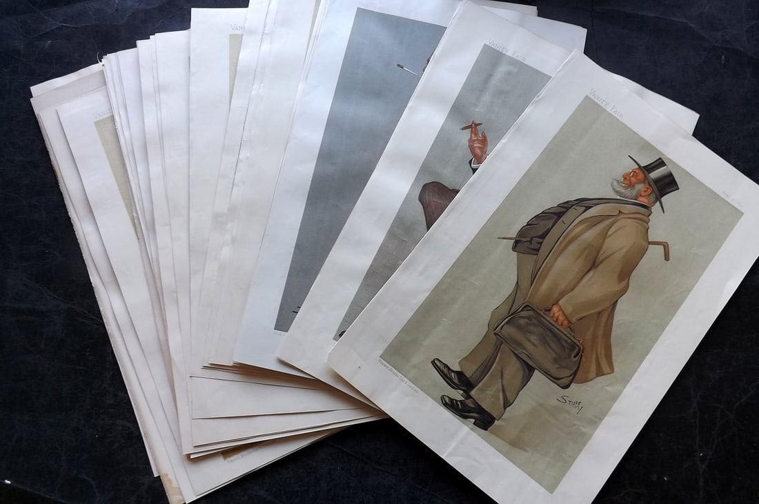 Vanity Fair Prints 1893 Lot of 33 Spy Cartoons Caricatures: Lithographs Published 1869-1914, London for "Vanity Fair" Paper Size: 15 x 10 inch (38 x 26cm) Approx. Biographical text pasted to the reverse, sometimes causing slight wrinkles on the front side. Oth