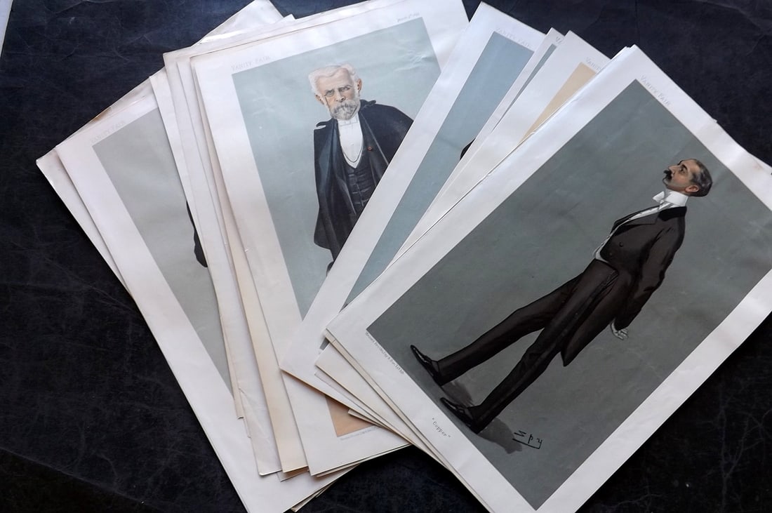 Vanity Fair Prints 19th Cent Lot of 21 Spy Cartoons Caricatures: Lithographs Published 1869-1914, London for "Vanity Fair" Paper Size: 15 x 10 inch (38 x 26cm) Approx. Most with Biographical text pasted to the reverse. Good Condition