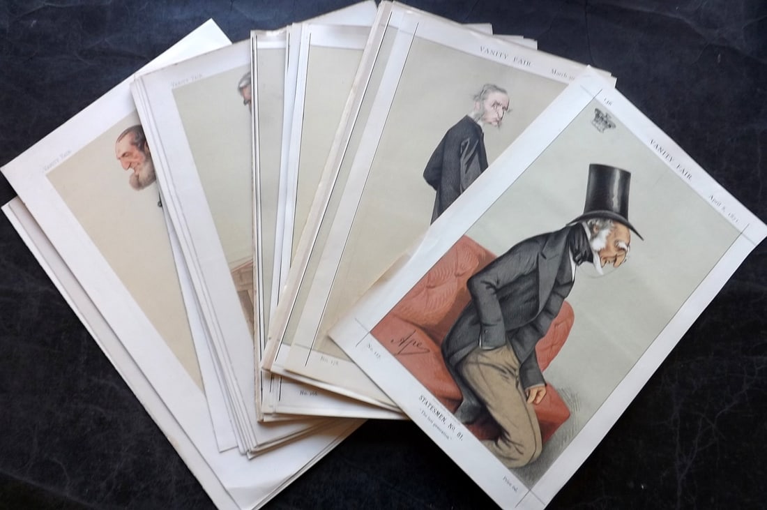 Vanity Fair Prints 19th Cent Lot of 31 Spy Cartoons Caricatures: Lithographs Published 1869-1914, London for "Vanity Fair" Paper Size: Up to 15 x 10 inch (38 x 26cm) Approx. Some faults including trimmed margins, re-backing, re-margined. Otherwise very clean