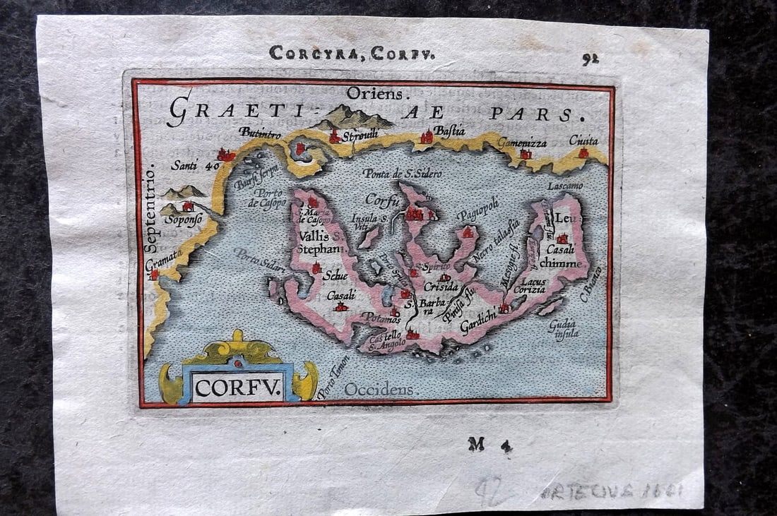 Ortelius, Abraham 1601 Hand Col Map. Corfu Greece Greek Islands: Hand Colored Copper Engraved Map Published 1601, Antwerp for "Epitome theatri Orteliani" by Abraham Ortelius & Philip Galle. French text to verso. Paper Size: 6 x 4.25 inch (15 x 11cm) Good Condition