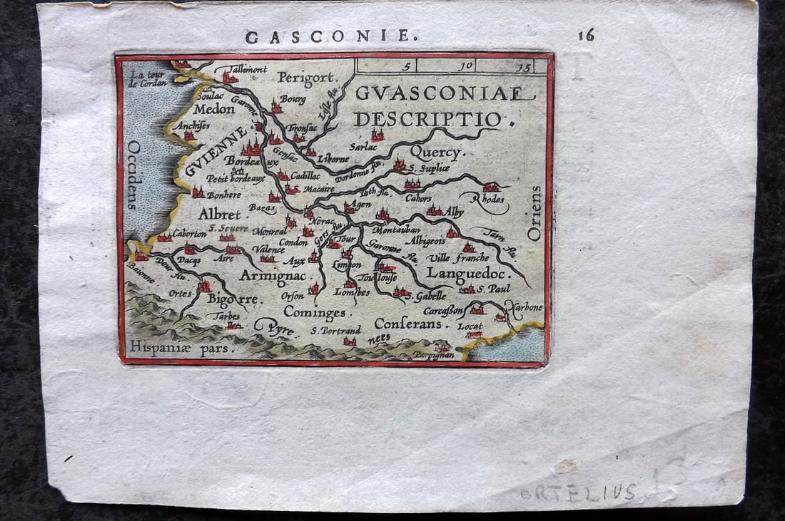 Ortelius, Abraham 1602 Hand Col Map. Gascony, France: "Guasconiae Descriptio" Hand Colored Copper Engraved Map Published 1602, Antwerp for "Epitome theatri Orteliani" by Abraham Ortelius & Philip Galle. English text to verso. Paper Size: 7 x 4.5 inch (18