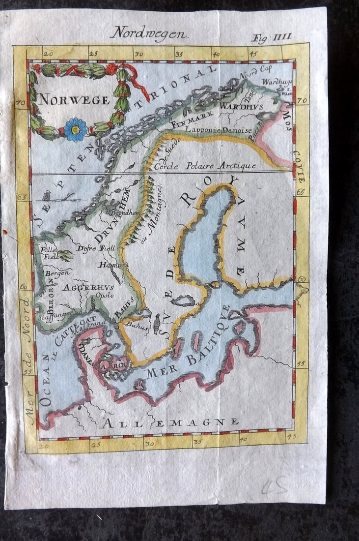 Mallet, Alain Manesson 1719 Hand Col Map. Norway Norwege (1 of 1)