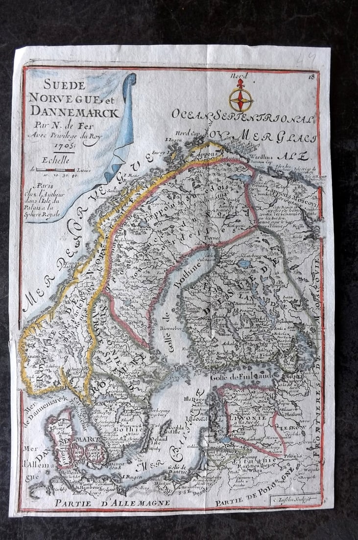 de Fer, Nicolas 1705 Hand Col Map of Sweden, Norway & Denmark (1 of 1)