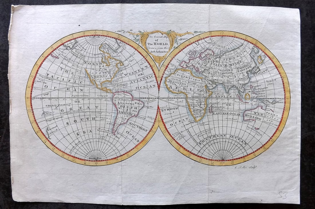 Vyse & Rollos 1779 Hand Colored Map. World Hemispheres (1 of 2)