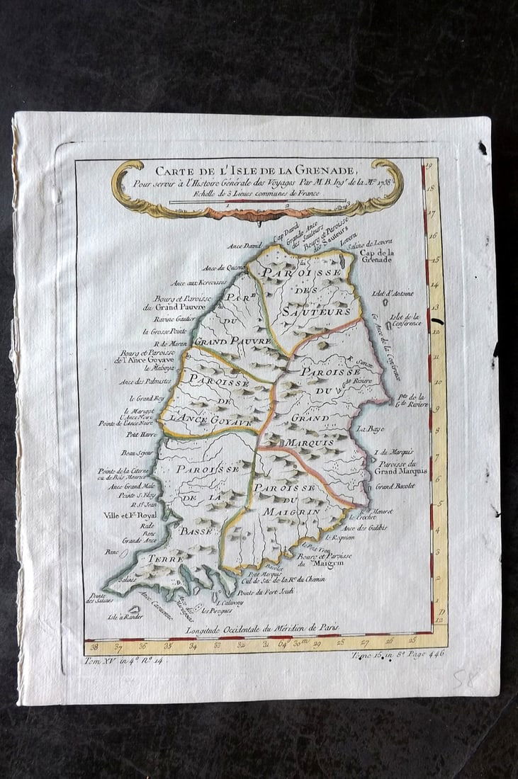 Bellin, Jacques-Nicolas C1760 Hand Col Map. Grenada, West Indies Caribbean (1 of 1)