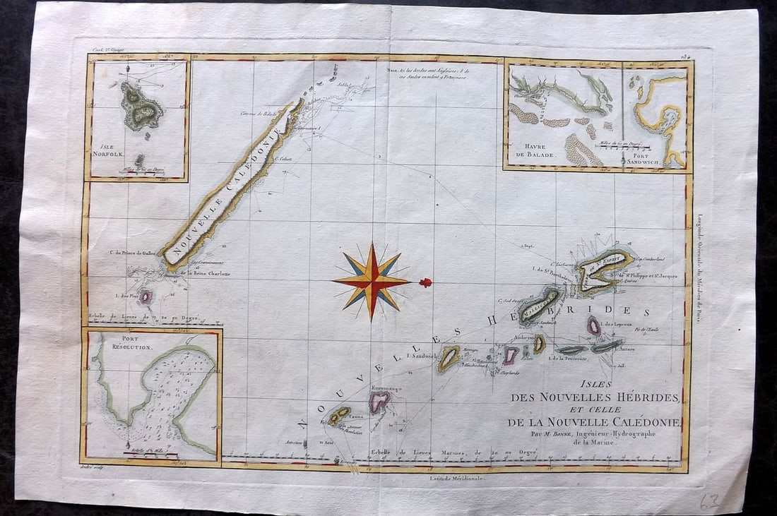 Bonne, Rigobert 1788 Hand Col Map. New Hebrides & Caledonia. Pacific (1 of 2)