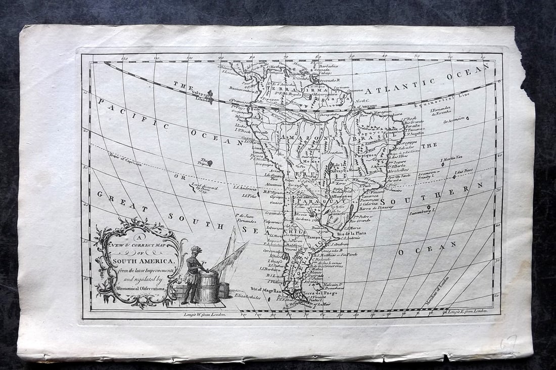 Drake, Edward 1768 Folio Map. South America: Copper Plate Published 1768 by J.Cooke, London for "A New Universal Collection of Authentic and Entertaining Voyages and Travels" (Drake's Voyages) By Edward Cavendish Drake. Some Maps Engraved by Rey
