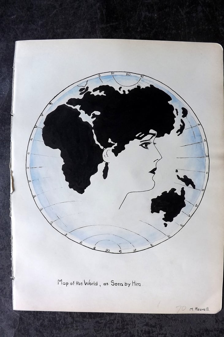 Original Art by M. Reavell C1905 Map of the World, as seen him. High Standard Cartographic Curiosity (1 of 2)