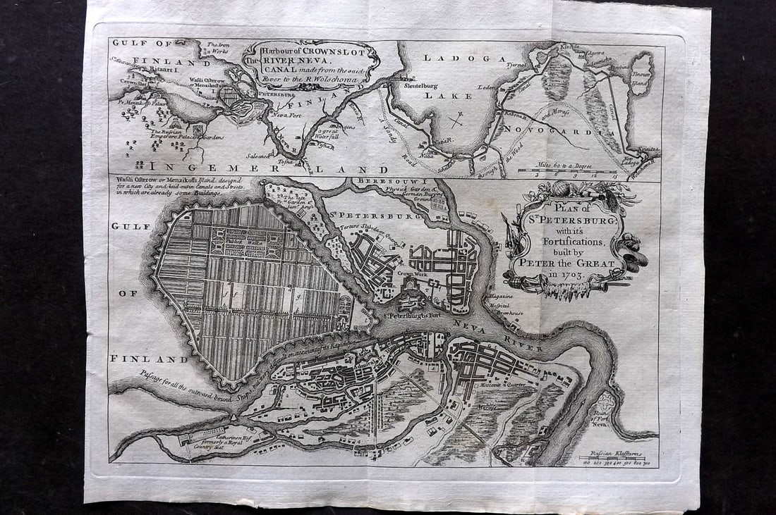 Gentleman's Mag 1749 Antique Map. Plan of St. Petersburg, Russia: "Plan of St. Petersburg with its Fortifications built by Peter the Great buily by Peter the Great in 1703" Copper Engraed Map Published London 1731-1833, London for "The Gentleman's Magazine..." by Va