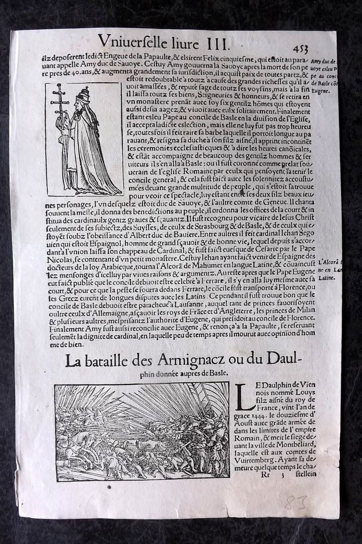 Munster, Sebastian 1552 Early Woodcut. Battle of Armagnac & Portrait of Cardinal Jean Allarmet de: Woodcut Published 1552, Basel for the "Cosmographia" by Sebastian Munster. Printed both sides. Paper Size: 11 x 7.5 inch (28 x 19cm) Approx. Good Condition