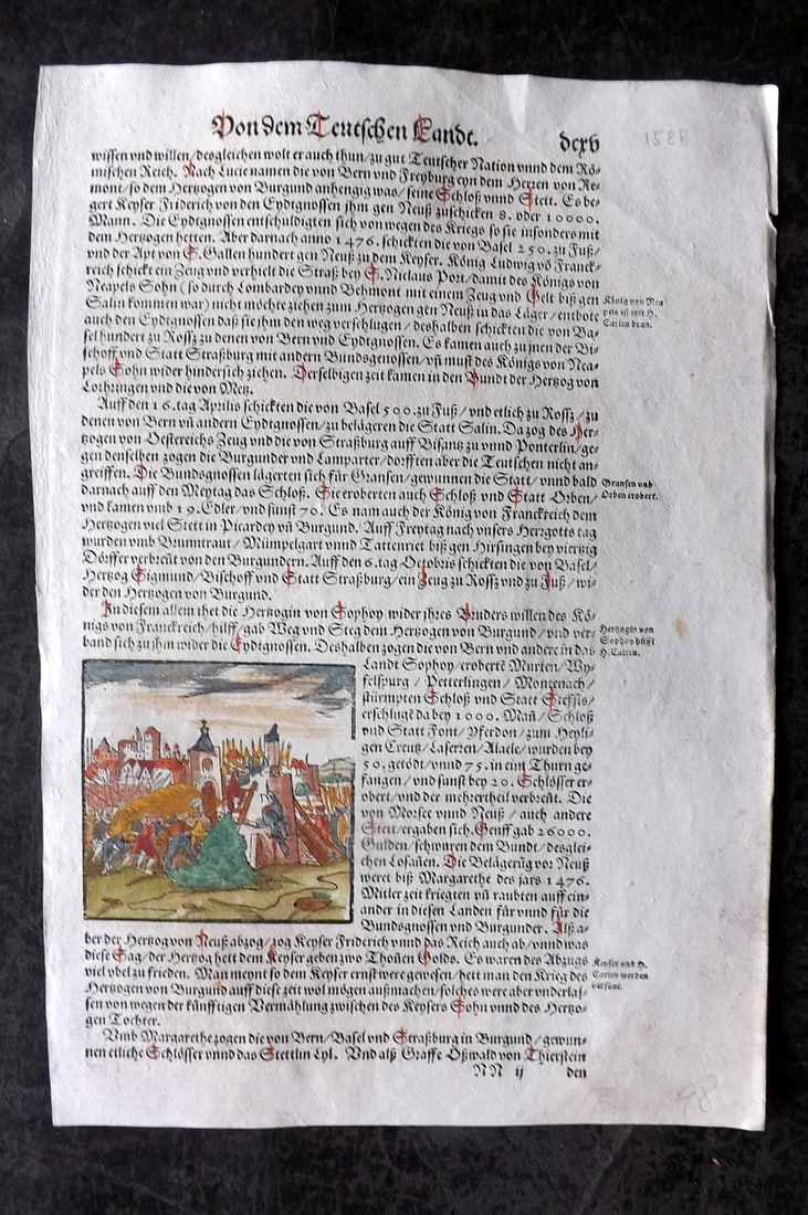 Munster, Sebastian 1588 Early Hand Col Woodcut. Siege of Neuss, Germany: Contemporary Hand Colored Woodcut Published 1588, Basel for the "Cosmographia" by Sebastian Munster. Printed both sides. Paper Size: 12 x 8 inch (30 x 20cm) Approx. Good Condition