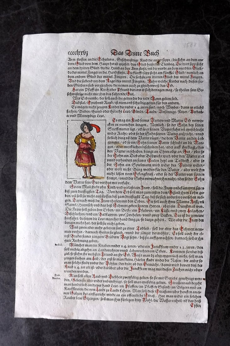 Munster, Sebastian 1588 Early Hand Col Woodcut. Bishop Assembly & Portrait of Lady: Contemporary Hand Colored Woodcut Published 1588, Basel for the "Cosmographia" by Sebastian Munster. Printed both sides. Paper Size: 12 x 8 inch (30 x 20cm) Approx. Good Condition