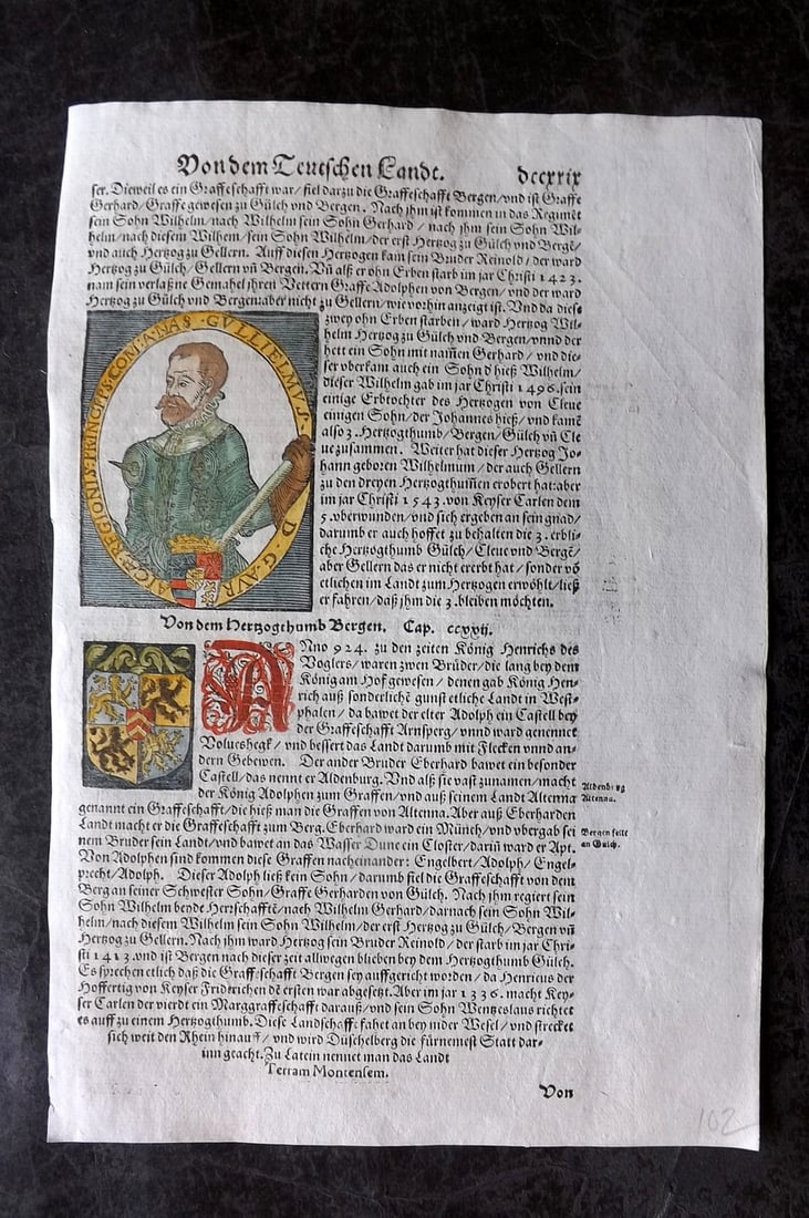 Munster, Sebastian 1588 Early Hand Col Woodcut. Portrait of Adolf I von Berg & Coats of Arms (1 of 2)