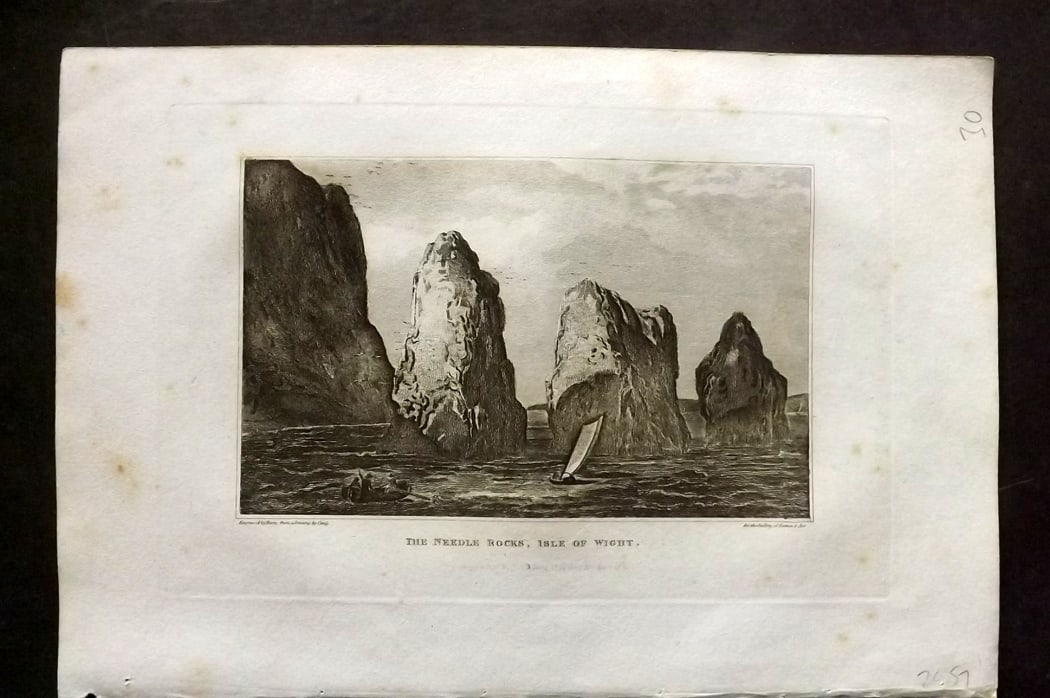 Polehampton, Edward 1823 Antique Print. Needle Rocks, Isle of Wight: Copper Plate Published 1823, London for "The Gallery of Nature and Art: or, A Tour Through Creation and Science" by the Rev. Edward Polehampton & John M. Good. Paper Size: 10 x 7 inch (26 x 18cm) Mino