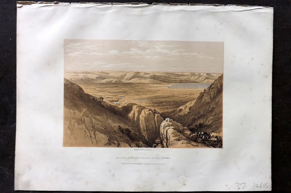 Roberts, David 1857 Antique Print. Descent upon the Valley of the Jordan: Lithograph Published C1880, by Cassell & Co., London for "The Life of Christ" by F. W. Farrar. Illustrated by David Roberts. Paper Size: 12.5 x 9.5 inch (32 x 24cm) Minor margin toning. Good Condition