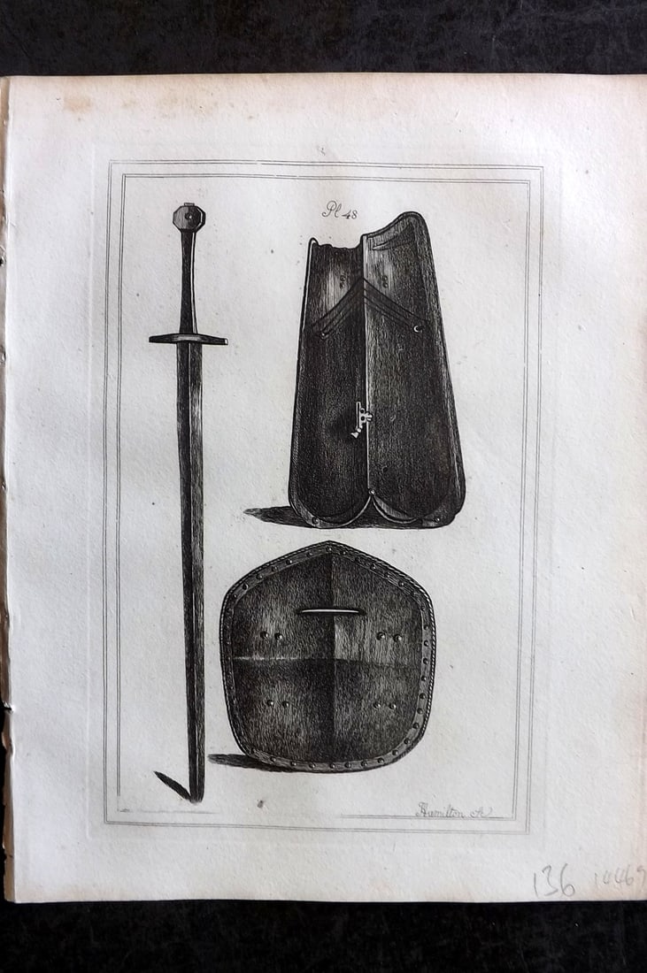 Grose, Francis 1801 Antique Military Print. Ancient Sword & Shield 48: Copper Plate Published 1801, London for "Military Antiquities Respecting a History of the English Army from the Conquest to the Present Time" by Francis Grose. Paper Size: 10.5 x 8 inch (27 x 21cm) Go