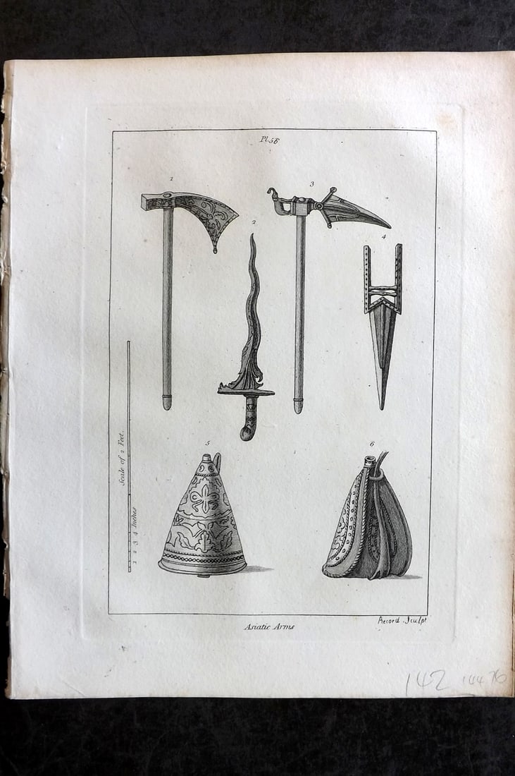Grose, Francis 1801 Antique Military Print. Asiatic Arms 56: Copper Plate Published 1801, London for "Military Antiquities Respecting a History of the English Army from the Conquest to the Present Time" by Francis Grose. Paper Size: 10.5 x 8 inch (27 x 21cm) Ve