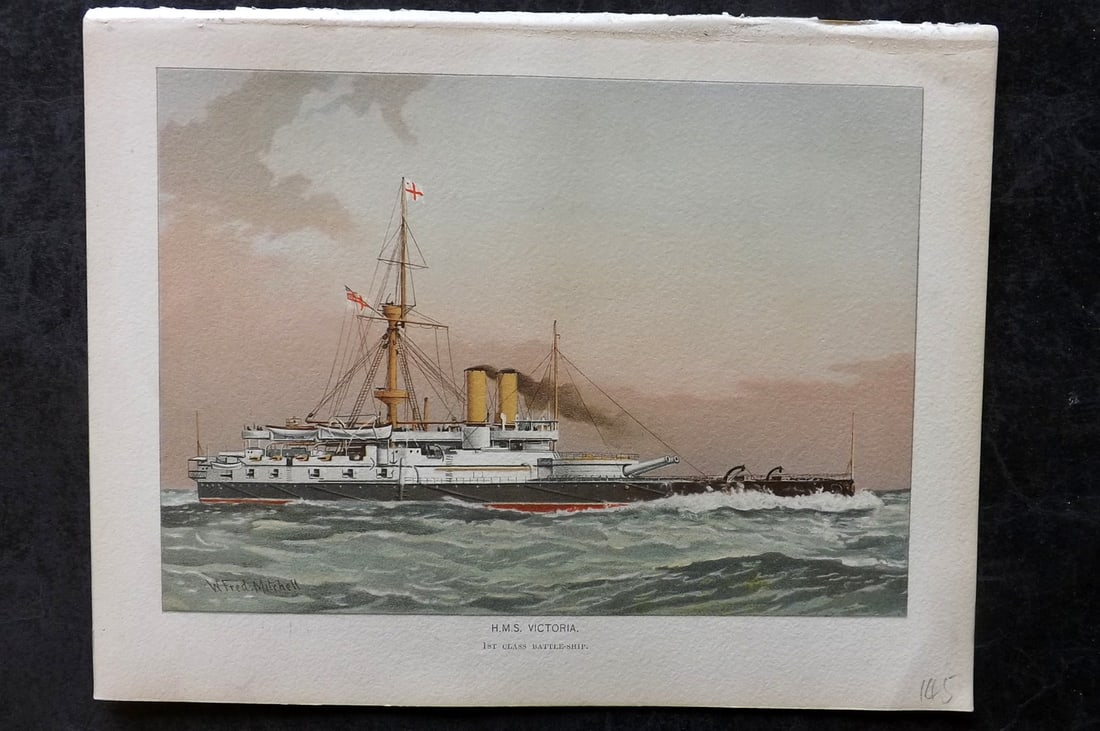 H. M. Navy 1893 Antique Ship Print. H. M. S. Victoria: Chromolithograph Published 1889-1893 by J.S.Virtue & Co., London for "Her Majesty's Navy" By Lt. Charles Rathbone Low. Illustrated by W. Christian Symons and W. Fred Mitchell. Paper Size: 10.5 x 8 inc
