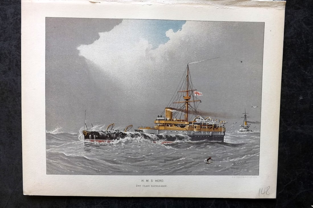 H. M. Navy 1893 Antique Ship Print. H. M. S. Hero: Chromolithograph Published 1889-1893 by J.S.Virtue & Co., London for "Her Majesty's Navy" By Lt. Charles Rathbone Low. Illustrated by W. Christian Symons and W. Fred Mitchell. Paper Size: 10.5 x 8 inc