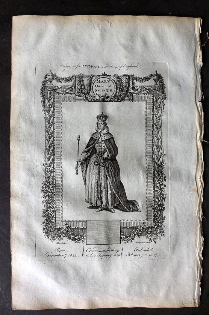 Raymond, George 1787 Folio Portrait Print. Mary Queen of Scots: Antique Folio Copper Plate Published 1787, London for "A New, Universal and Impartial History of England" also titled "Raymond's History of England" by George Frederick Raymond. Paper Size: 14 x 9 inc