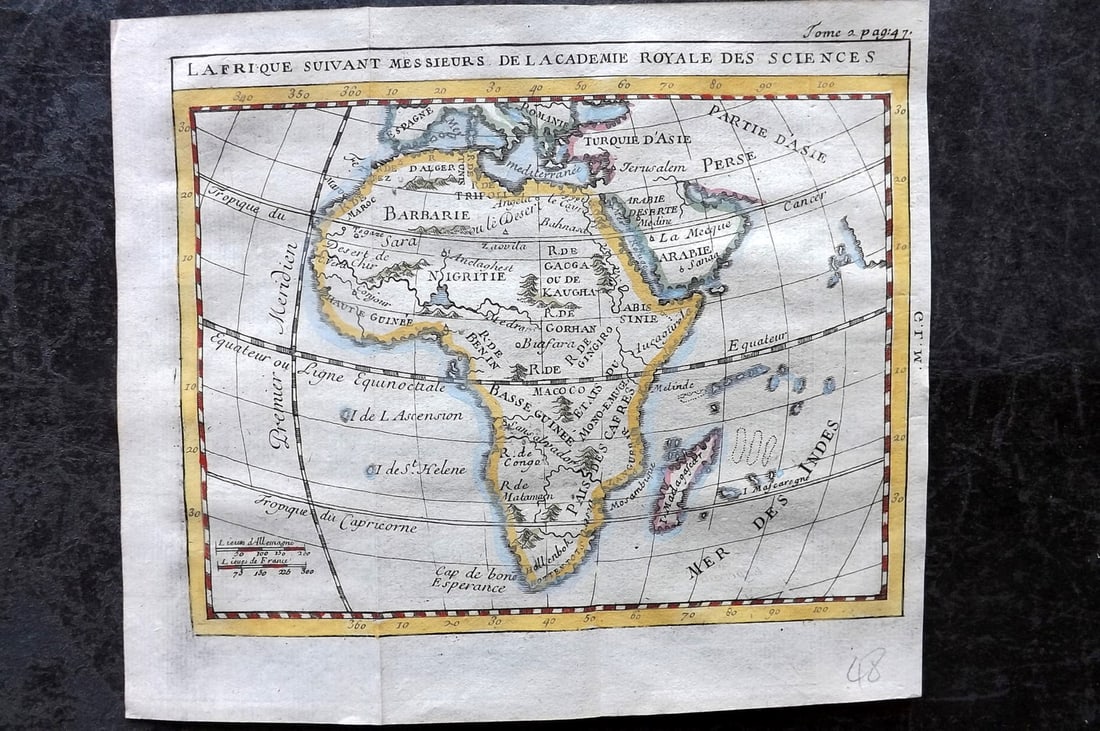 Chatelain, Zacharias (Pub) 1725 Hand Col Map of Africa: "L'Afrique Suivant Messieurs…" Hand Colored Copper Engraved Map Published 1725 by Zacharias Chatelain, Amsterdam for "La Science des Personnes de Cour" Pierre Massuet. Folds as issued. Paper Size: 7
