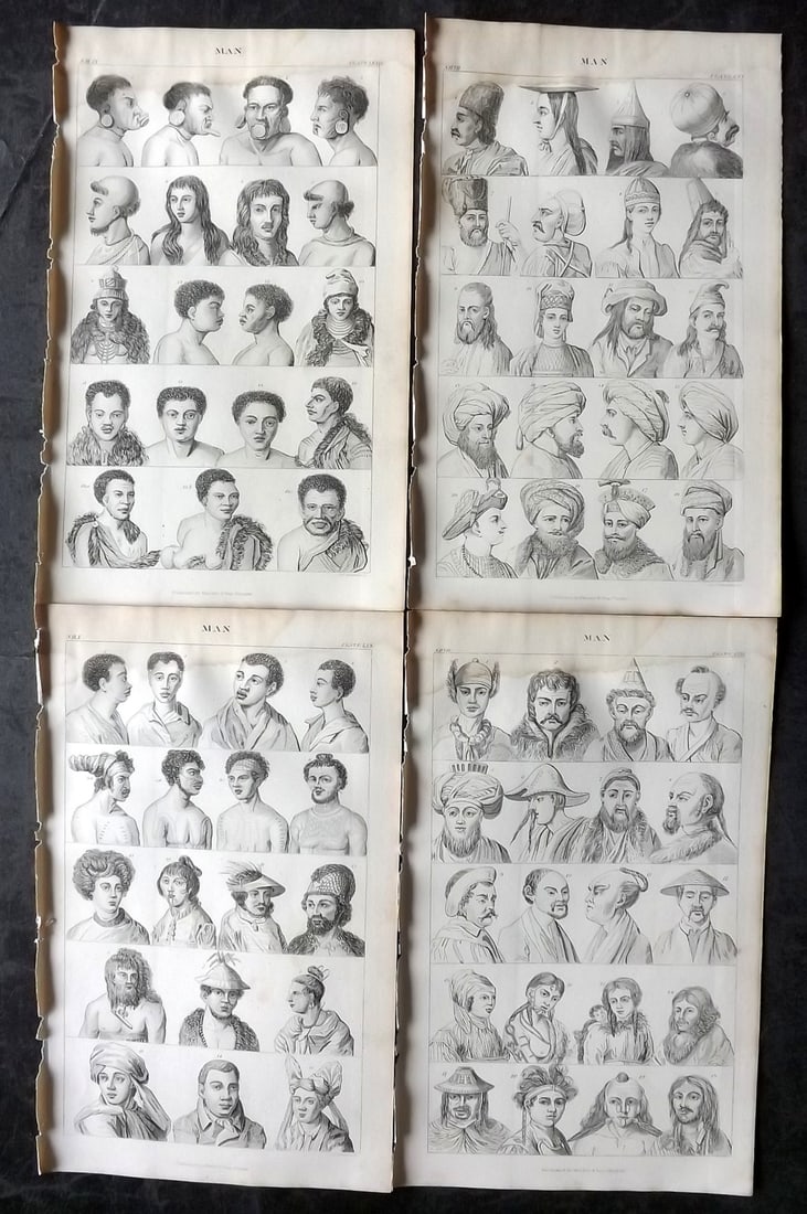 Goldsmith, Oliver 1852 Lot of 4 Ethnic Prints: Steel Engraving Published 1852 by Blackie & Son, London for "A History of the Earth and Animated Nature" by Oliver Goldsmith. Paper Size: 9.5 x 6 inch (24 x 16cm) Each with water stain at top, mostly 