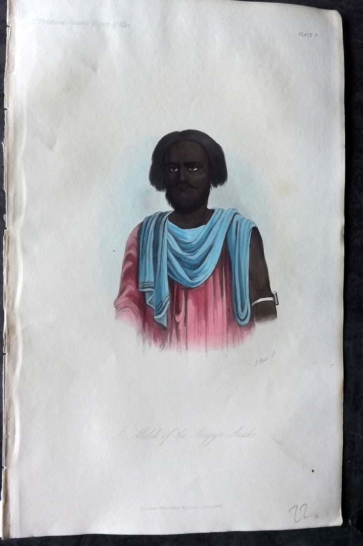 Prichard, James 1845 HCol Print. Middle East - Melik of the Sheep Arabs 05: Hand Colored Aquatint Published 1845 London for "The Natural History of Man" by James Cowles Prichard. Paper Size: 9 x 5.5 inch (23.5 x 14cm) Very minor background toning. Good Condition