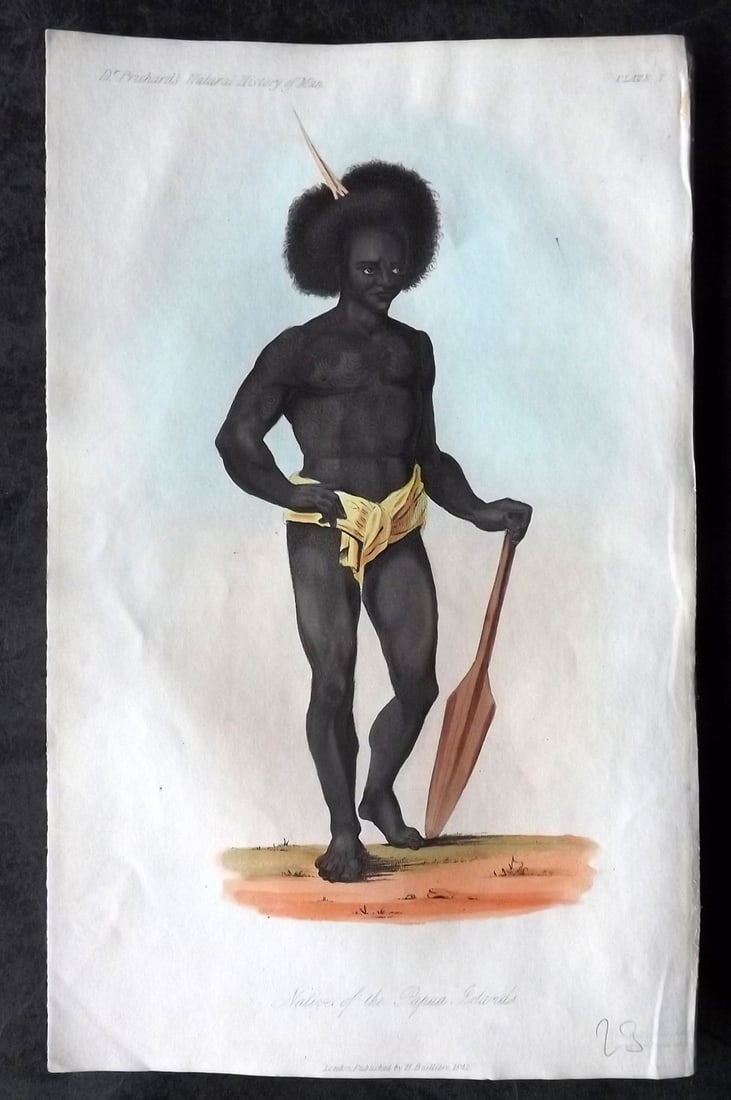Prichard, James 1845 HCol Print. Pacific - Native of the Papua Islands 01: Hand Colored Aquatint Published 1845 London for "The Natural History of Man" by James Cowles Prichard. Paper Size: 9 x 5.5 inch (23.5 x 14cm) Good Condition