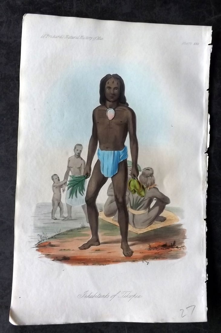 Prichard, James 1845 HCol Print. Pacific - Native of Tikopia. Solomon Islands 22: Hand Colored Aquatint Published 1845 London for "The Natural History of Man" by James Cowles Prichard. Paper Size: 9 x 5.5 inch (23.5 x 14cm) Good Condition