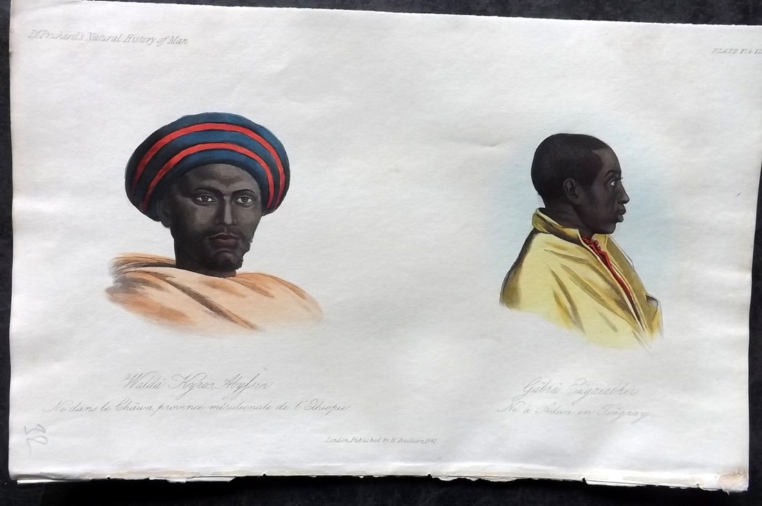 Prichard, James 1845 HCol Print. Africa - Abyssinian Portrait Wolaita Kyron, Gahez-Eggiabheir 11-12: Hand Colored Aquatint Published 1845 London for "The Natural History of Man" by James Cowles Prichard. Paper Size: 9 x 5.5 inch (23.5 x 14cm) Good Condition