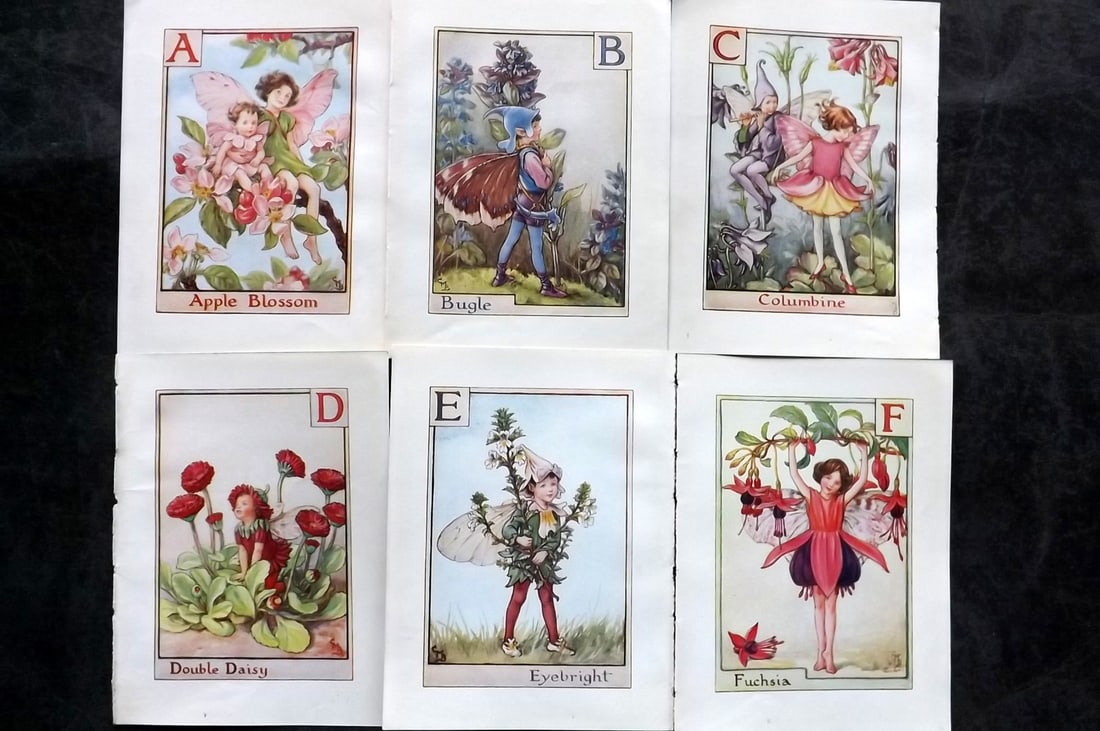 Barker, Cicely Mary C1940 Lot of 6 Flower-Fairy Prints - Alphabet - A-F: Alphabet Fairies. Lithographs Published C1935-45 by Blackie & Son, London & Glasgow for the "Flower-Fairies" Series by Cicely Mary Barker. Reverse side blank.Paper Size: 5.5 x 4 inch (14 x 10cm) Good 